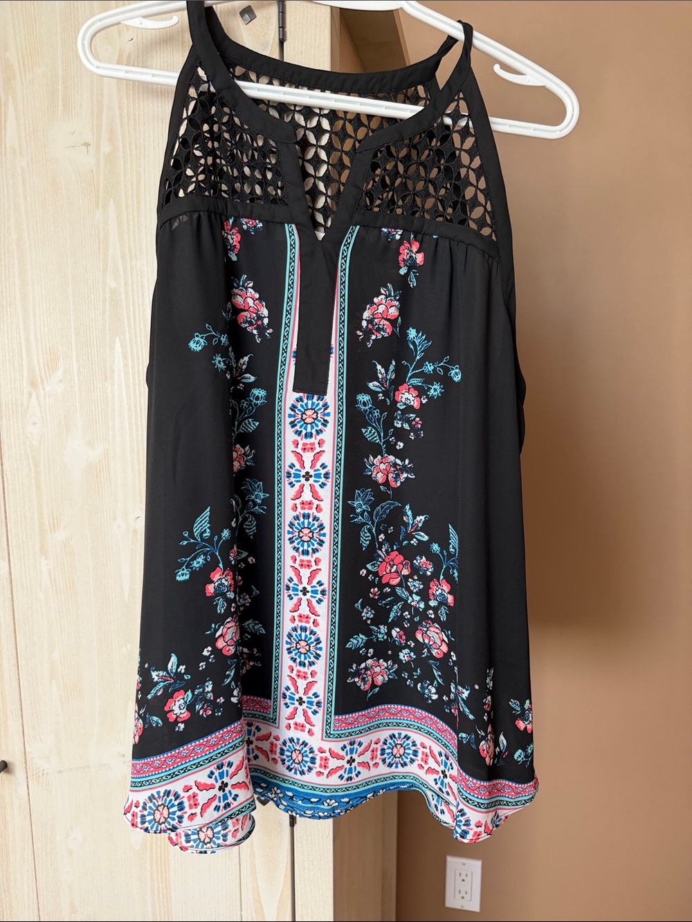 Black Floral Rickis Halter Tank Top with Lace Yoke